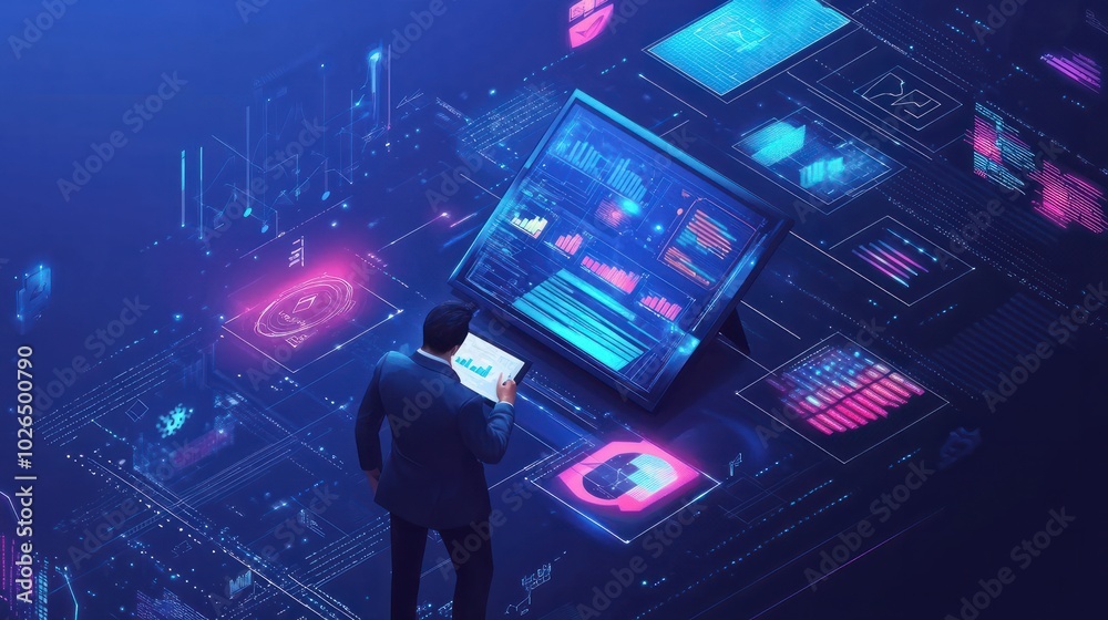 Naklejka premium Digital Marketing Strategy Planning - Business Professional Using Tablet Surrounded by Marketing Icons in Illustration