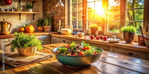 A cozy kitchen sets the stage for a delightful sunset salad, combining fresh ingredients with a warm atmosphere for a perfect culinary experience.