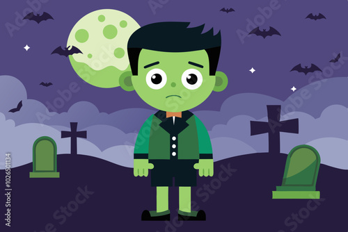 Kid dressed as  frankenstein in a graveyard for HALLOWEEN