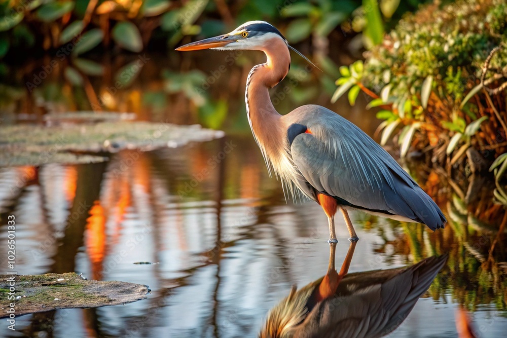 Capture a heron standing still in a tranquil swamp, reflecting in the still water surrounded by lush greenery.
Capture a heron standing still in a tranquil swamp, reflecting in the still water surrounded by lush greenery.