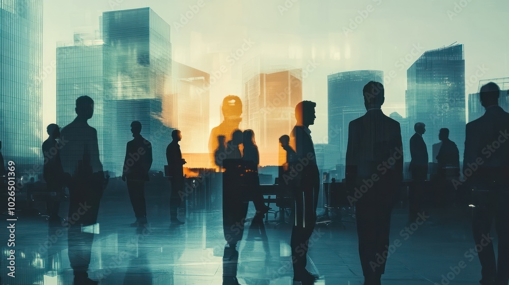 Double exposure image of many business people teamg group silhouette office background. Double exposure image of many business people teamg group silhouette office background.
