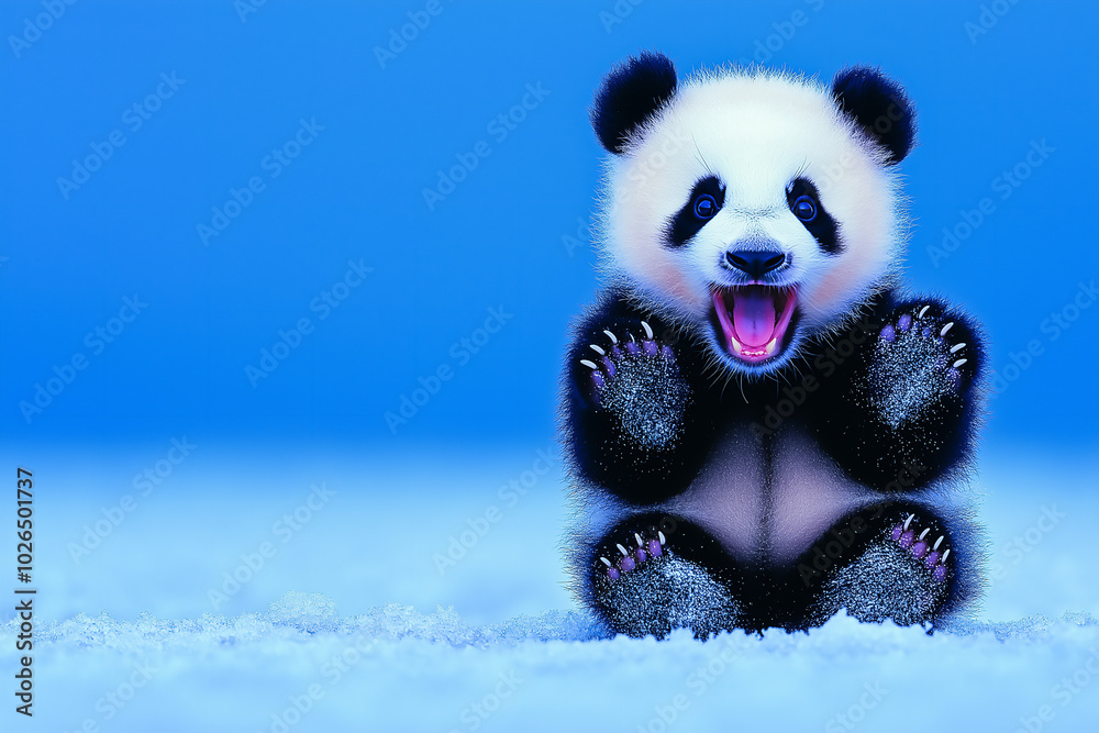 Excited Panda Cub Playing in the Snow with Vibrant Blue Background. Banner with Copy Space Excited Panda Cub Playing in the Snow with Vibrant Blue Background. Banner with Copy Space