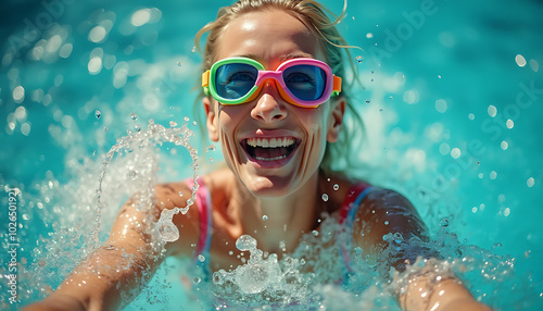 A portrait of a child wearing swimming goggles having fun in a pool on summer holiday