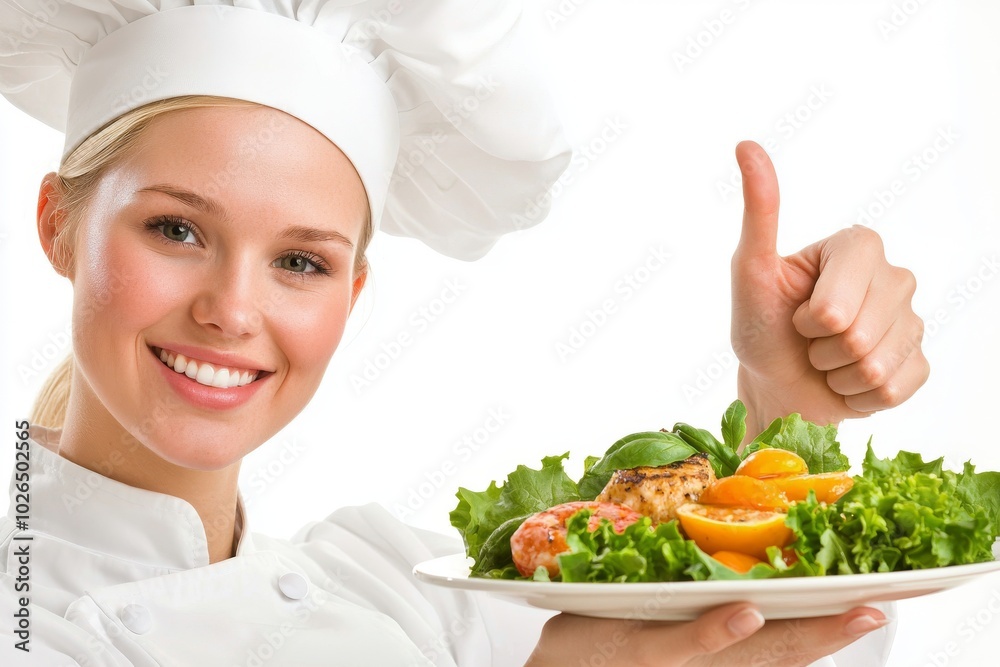 In an isolated white background, a blonde chef presents a new recipe and points to a copy space In an isolated white background, a blonde chef presents a new recipe and points to a copy space