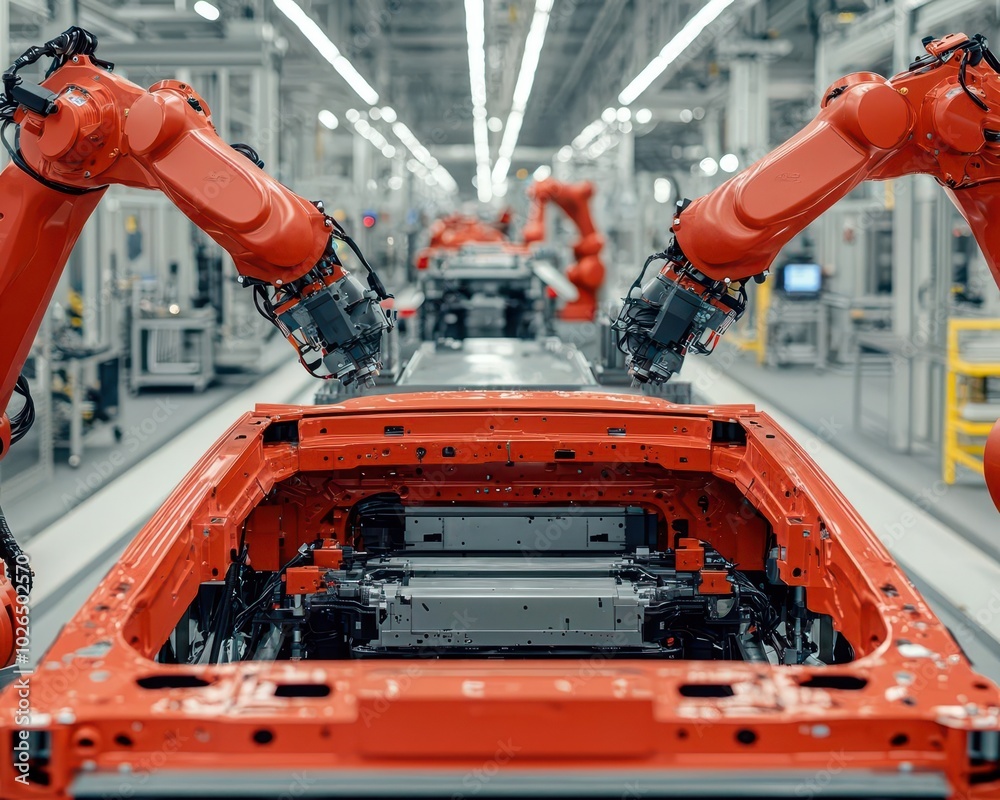 Highspeed automotive parts production line with robots handling suspension and chassis assembly Highspeed automotive parts production line with robots handling suspension and chassis assembly
