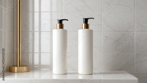 This image showcases sleek, ergonomically designed shower gel tubes without labels or text, placed on a light bathroom tile surface, ideal for promoting high-quality personal care products. photo