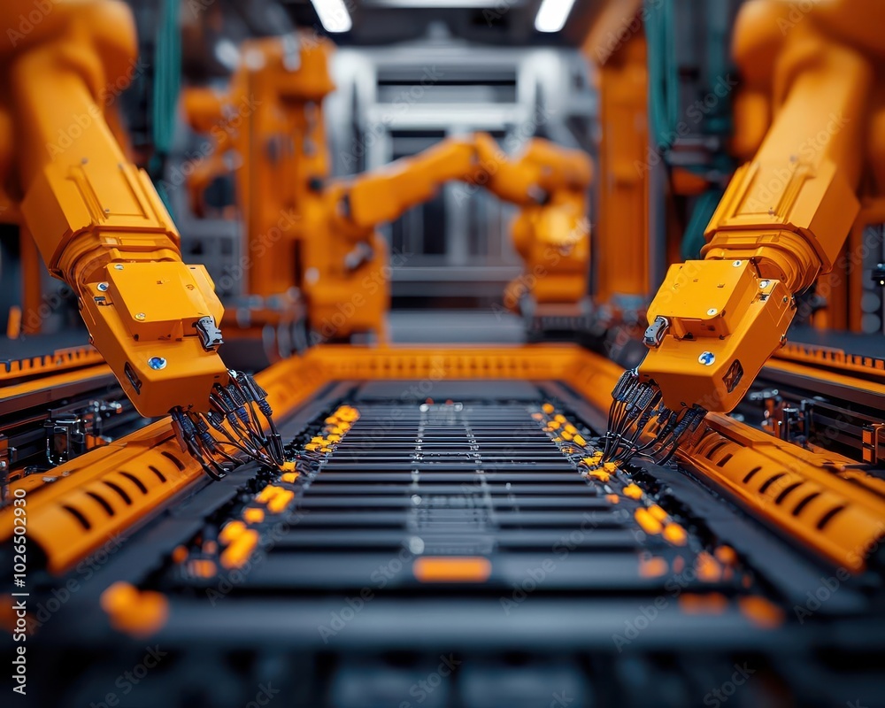 Hightech automotive assembly line with robots installing electrical wiring and components Hightech automotive assembly line with robots installing electrical wiring and components