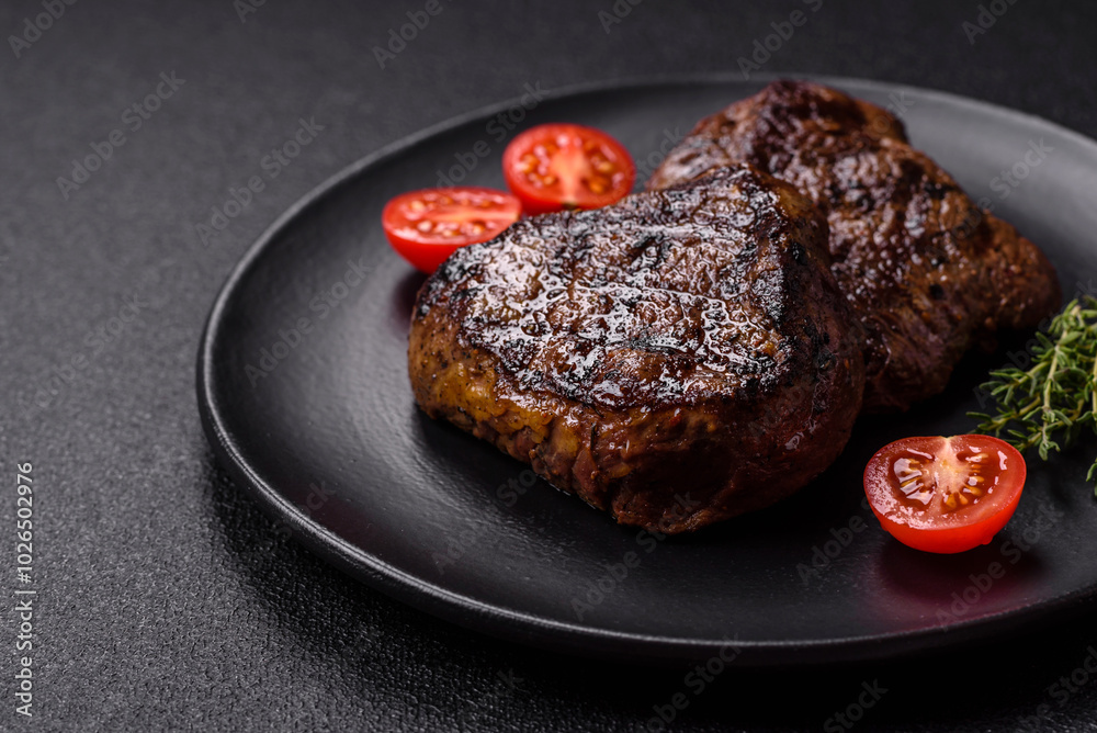 Juicy beef steak baked on the grill with salt, spices and herbs
