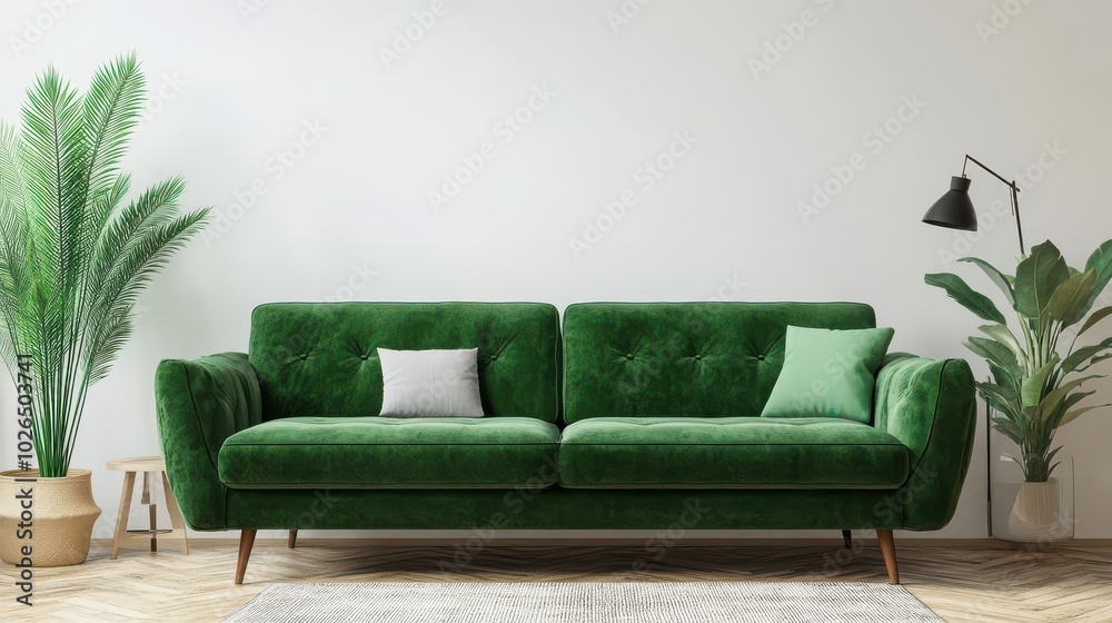Cozy Green Sofa in a Modern Living Room Setting Cozy Green Sofa in a Modern Living Room Setting