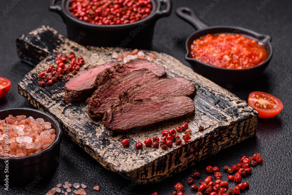 Juicy beef steak baked on the grill with salt, spices and herbs Juicy beef steak baked on the grill with salt, spices and herbs