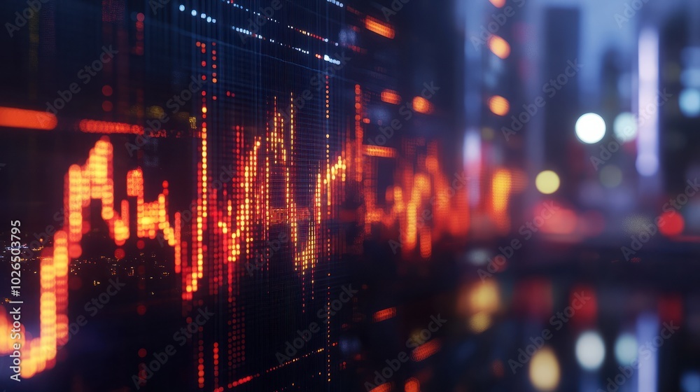 Illuminated stock market graph overlay on a blurred cityscape. Illuminated stock market graph overlay on a blurred cityscape.
