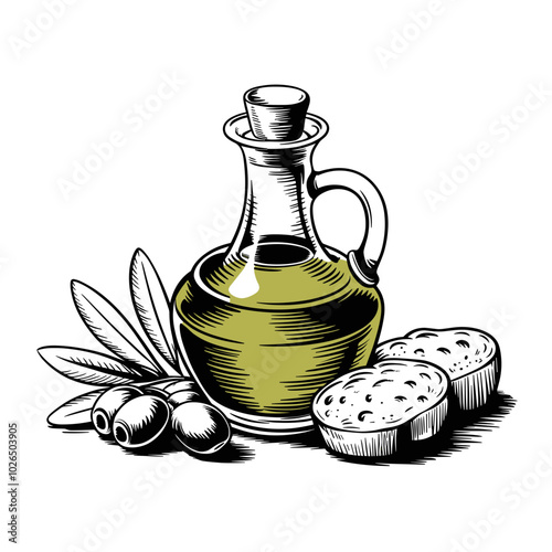 Hand-Drawn Olive Oil Bottle with Bread and Olives Vector Illustration