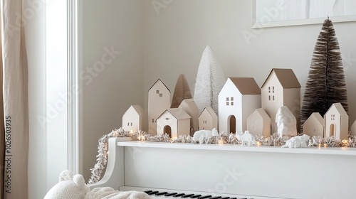 A white piano adorned with small houses and trees showcases a minimalist nativity drawing, all surrounded by soft Christmas decorations in a cozy winter setting photo