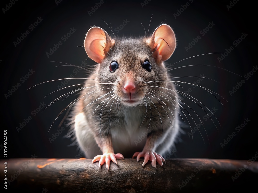 Adorable rat striking a charming pose against a sleek black background, perfect for captivating stock photography that highlights personality and Adorable rat striking a charming pose against a sleek black background, perfect for captivating stock photography that highlights personality and
