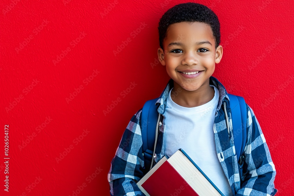 On a colorful background, an African-American boy holds a book On a colorful background, an African-American boy holds a book