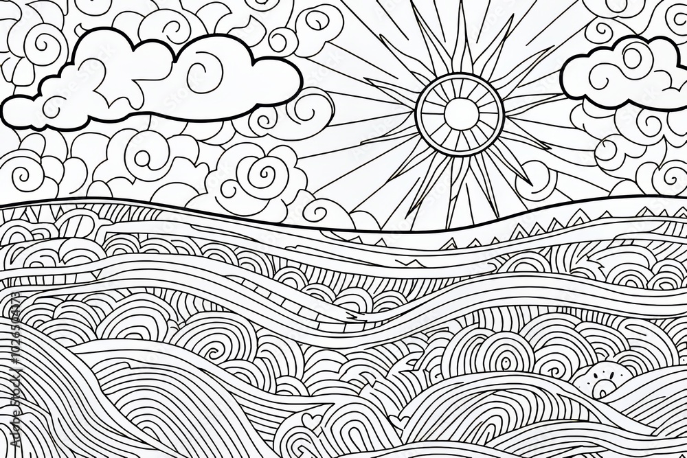 Fototapeta Coloring page with sunrise in a mountain landscape