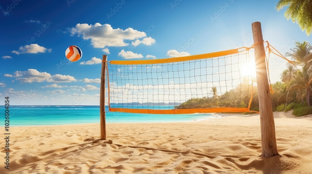 A tranquil beach scene featuring a volleyball net set up on a sandy shore,