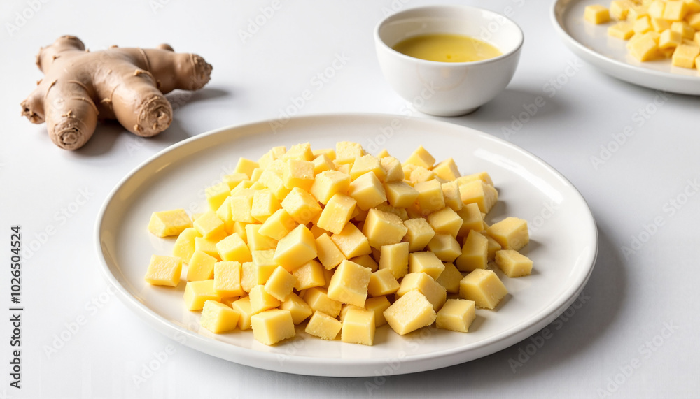 Diced fresh ginger cubes on a white plate Diced fresh ginger cubes on a white plate