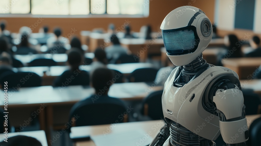 A humanoid AI robot stands at the front of a classroom, teaching a group of students. The modern classroom is filled with digital displays demonstrating the integration of AI into education. A humanoid AI robot stands at the front of a classroom, teaching a group of students. The modern classroom is filled with digital displays demonstrating the integration of AI into education.