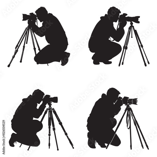 Man taking photo using tripod, Silhouette of man taking photo using tripod, vector illustration on a white background
