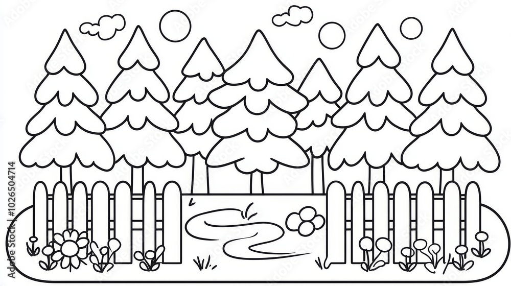 Obraz premium Landscape coloring book illustration. Separate layers. Hand drawn.