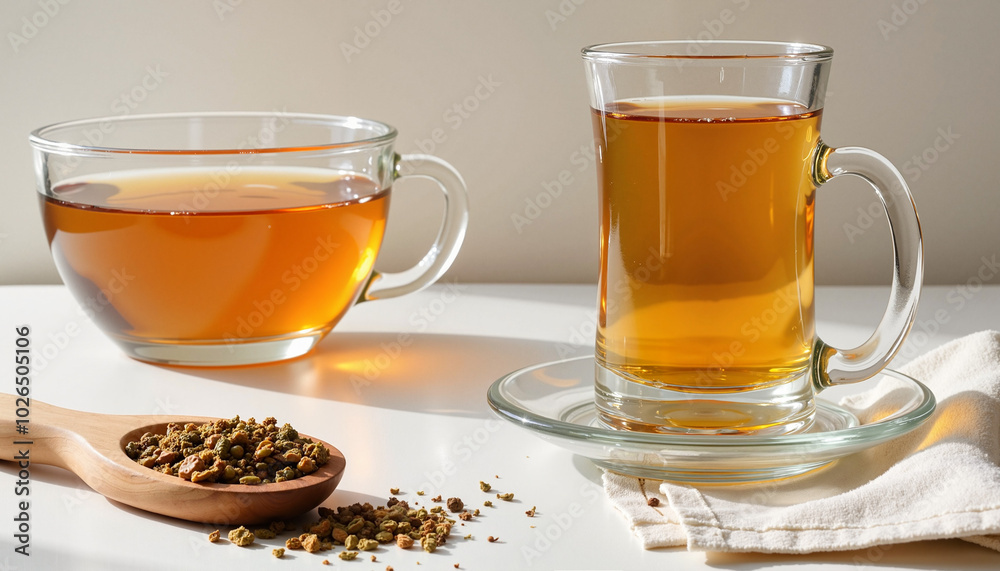 Glass cups of herbal tea with dried herbs on a white background for wellness and relaxation Glass cups of herbal tea with dried herbs on a white background for wellness and relaxation