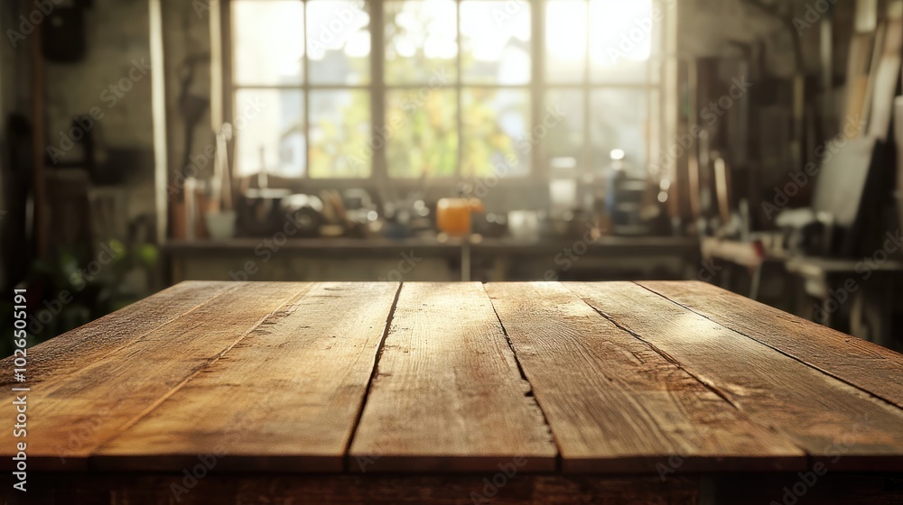 Old rustic wooden table with workshop interior as background. blurred image workshop with tools and window Old rustic wooden table with workshop interior as background. blurred image workshop with tools and window