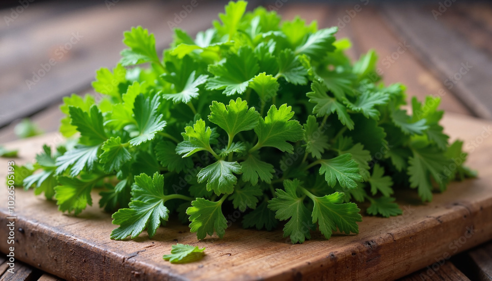 Fresh green cilantro on a wooden cutting board for culinary use Fresh green cilantro on a wooden cutting board for culinary use