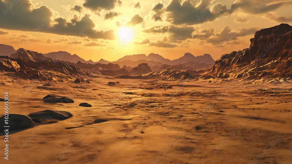 Vast Arid Desert Landscape at Golden Sunset With Dramatic Clouds and Majestic Mountains