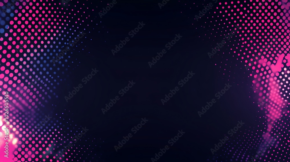 Abstract black background with pink and blue glowing halftone pattern. Abstract black background with pink and blue glowing halftone pattern.