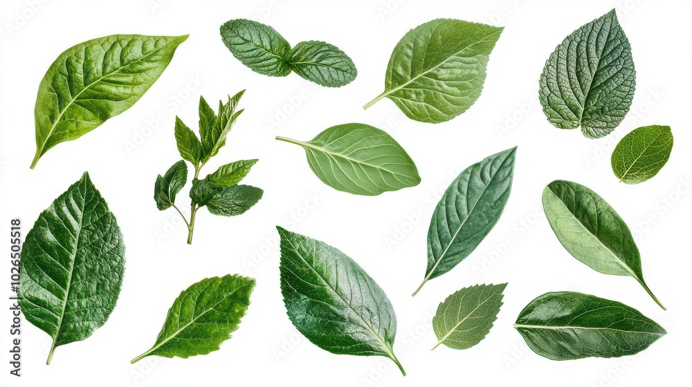 Various Green Leaves on White Background  