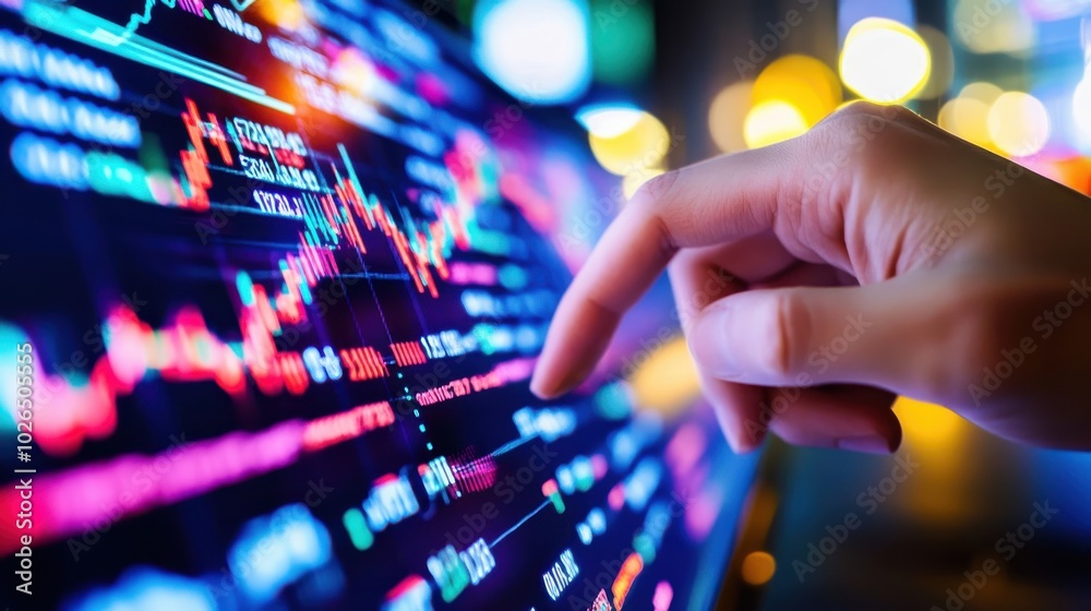 Hand Touching Virtual Stock Market Data Display Hand Touching Virtual Stock Market Data Display