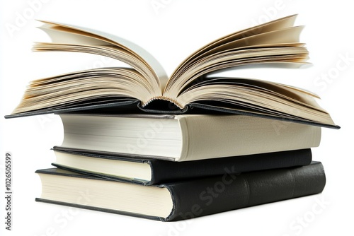 A stack of high books with an open book on a white background. There are a number of colorful covers on these books.