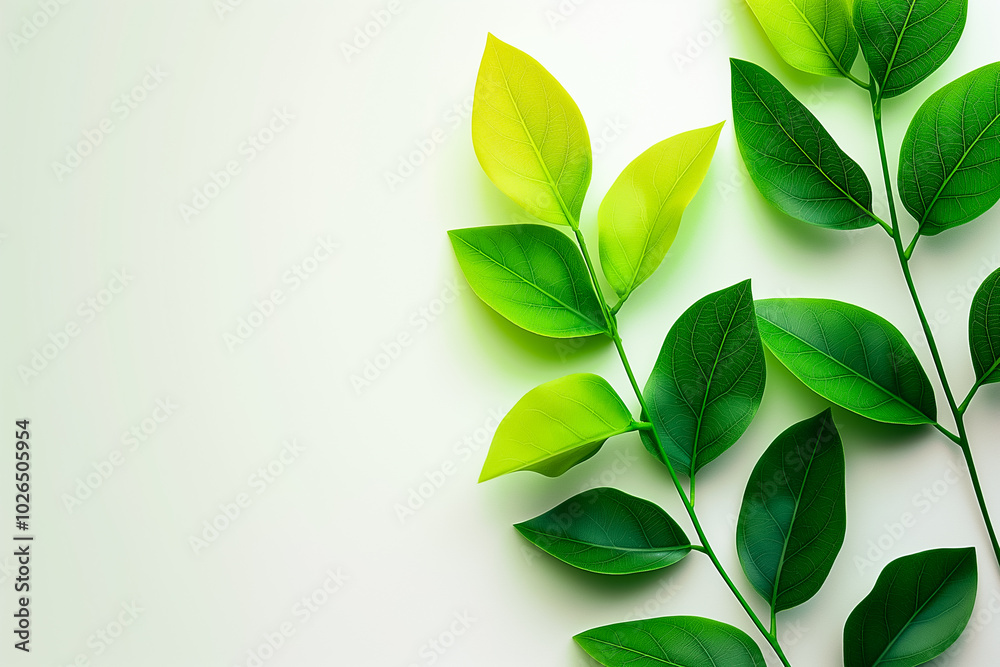 Fresh green leaves lay gracefully against a pristine white backdrop, illustrating the intricate variations of color and shape found in natures finest designs Fresh green leaves lay gracefully against a pristine white backdrop, illustrating the intricate variations of color and shape found in natures finest designs