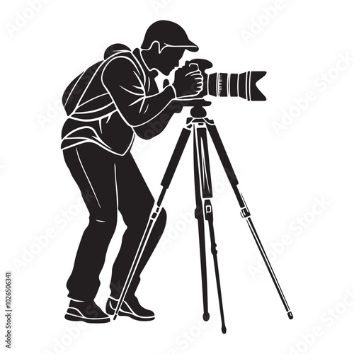 Man taking photo using tripod, Silhouette of man taking photo using tripod, vector illustration on a white background