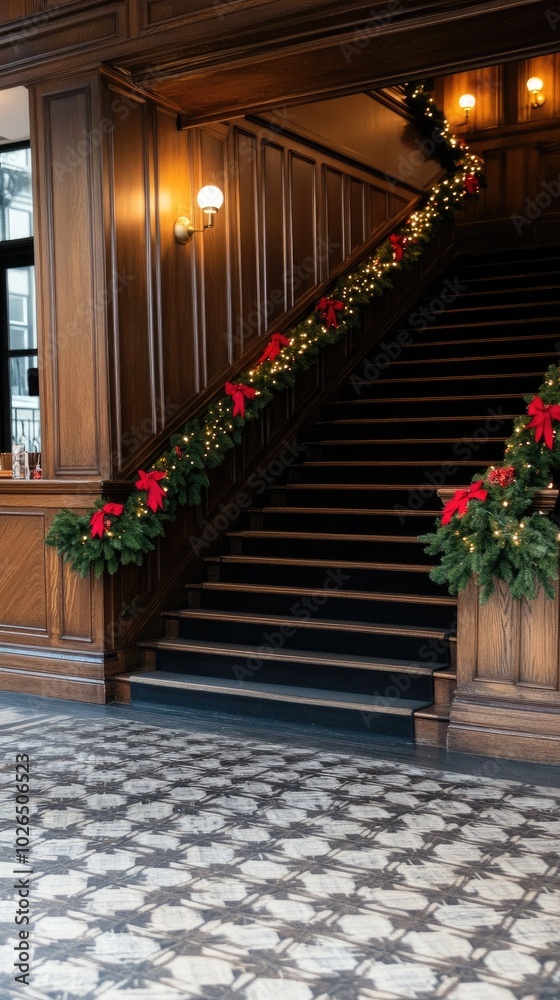 This enchanting staircase is adorned with red and white lights, elegant rose garlands, and charming bows, creating a festive holiday atmosphere for all to enjoy This enchanting staircase is adorned with red and white lights, elegant rose garlands, and charming bows, creating a festive holiday atmosphere for all to enjoy