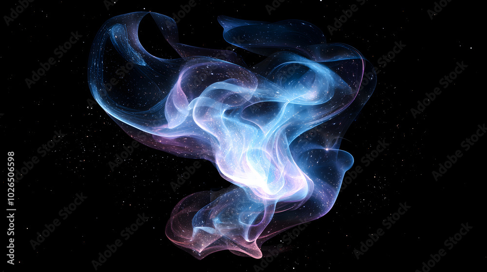 A single flowing nebula in a minimalist abstract style with soft blue and purple smoke-like shapes against a starry night sky backdrop creates a serene and ethereal cosmic scene.