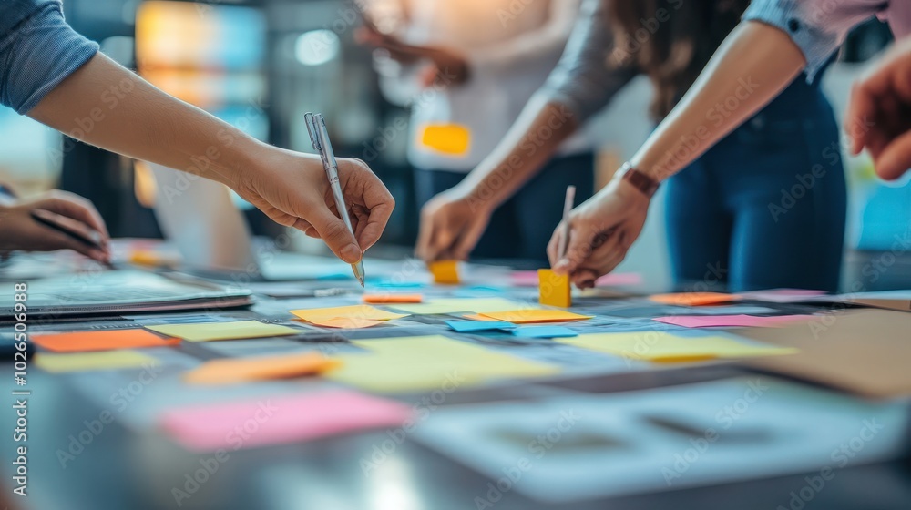 Fototapeta premium Team hands working with sticky notes on table, creative meeting concept, blurred background. Generative AI