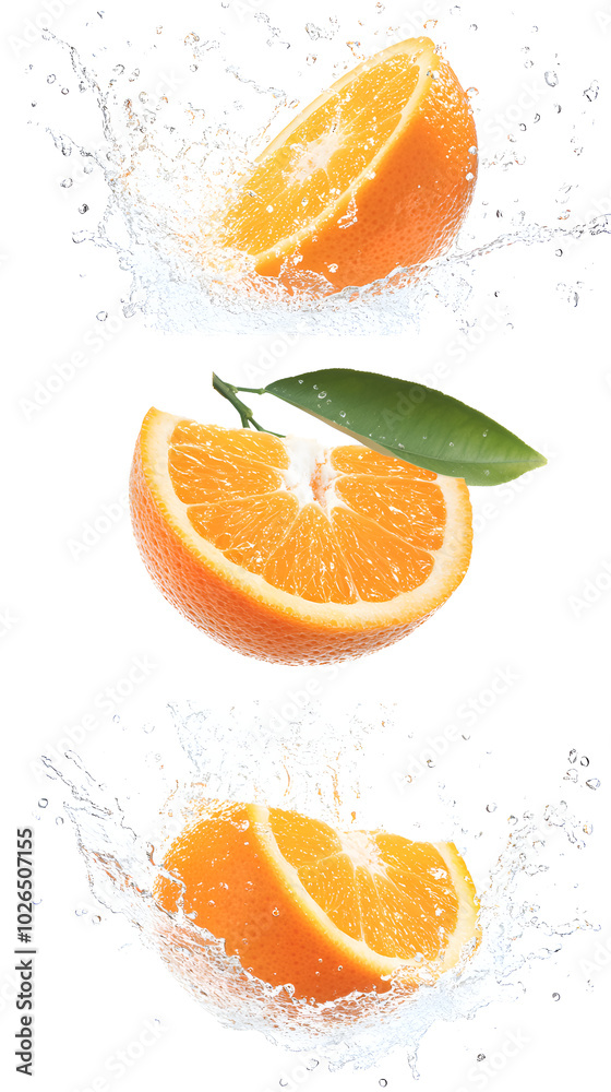 Set of fresh delicious oranges splashing Set of fresh delicious oranges splashing