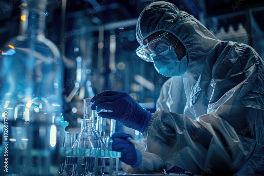 A scientist is conducting an experiment in a well-equipped laboratory, wearing a lab coat and goggles