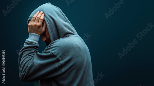 Side view of a person in a hooded sweatshirt holding their head with one hand against a dark background.