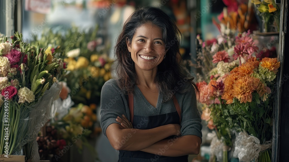 the Hispanic female small business owner's smile reflects the pride she takes in her craft. Stand in front of the florist shop. the Hispanic female small business owner's smile reflects the pride she takes in her craft. Stand in front of the florist shop.