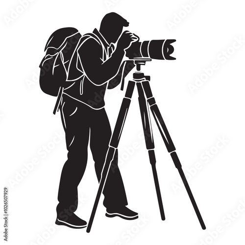 Man taking photo using tripod, Silhouette of man taking photo using tripod, vector illustration on a white background