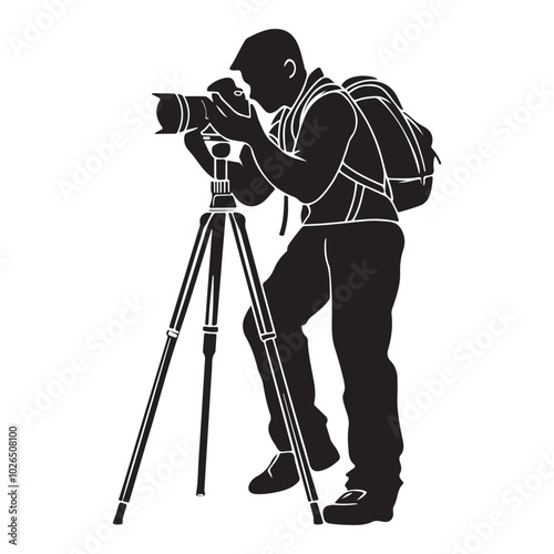 Man taking photo using tripod, Silhouette of man taking photo using tripod, vector illustration on a white background
