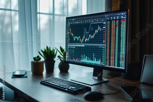 A trader\'s desk with a computer displaying stock market data and plants during a late afternoon photo