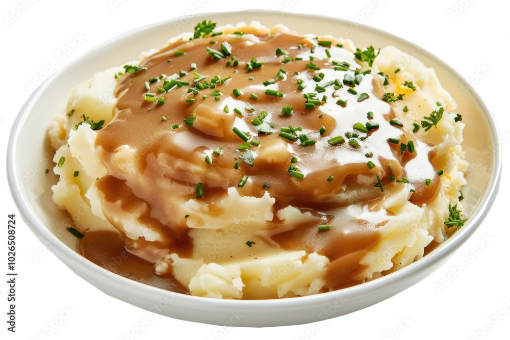 A white bowl filled with creamy mashed potatoes and savory gravy A white bowl filled with creamy mashed potatoes and savory gravy