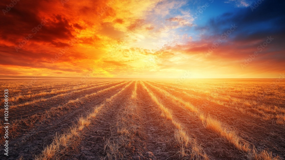 Vibrant Sunrise Over Agricultural Field Landscape Vibrant Sunrise Over Agricultural Field Landscape