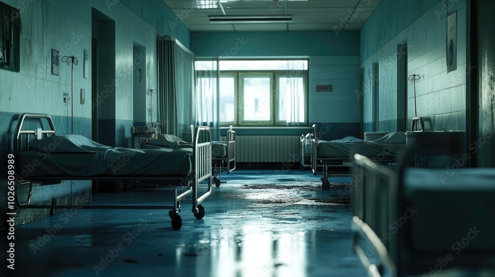 A hospital room with multiple beds and a window providing natural light, ideal for use in healthcare or medical settings A hospital room with multiple beds and a window providing natural light, ideal for use in healthcare or medical settings