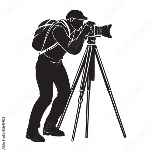 Man taking photo using tripod, Silhouette of man taking photo using tripod, vector illustration on a white background