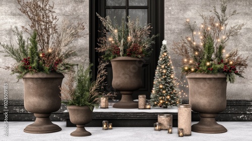 The cozy rustic front door is beautifully enhanced with seasonal floral arrangements, a miniature Christmas tree, and lush greenery in stylish large planters.